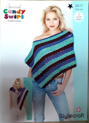 Neu Original Stylecraft Candy Swirl DK Damen Schal & Poncho Häkelanleitung 9417