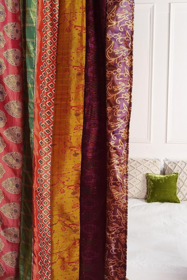 2 Pcs Indian Sari Patchwork Curtain Drape Window Decor Multi Silk Sari ...