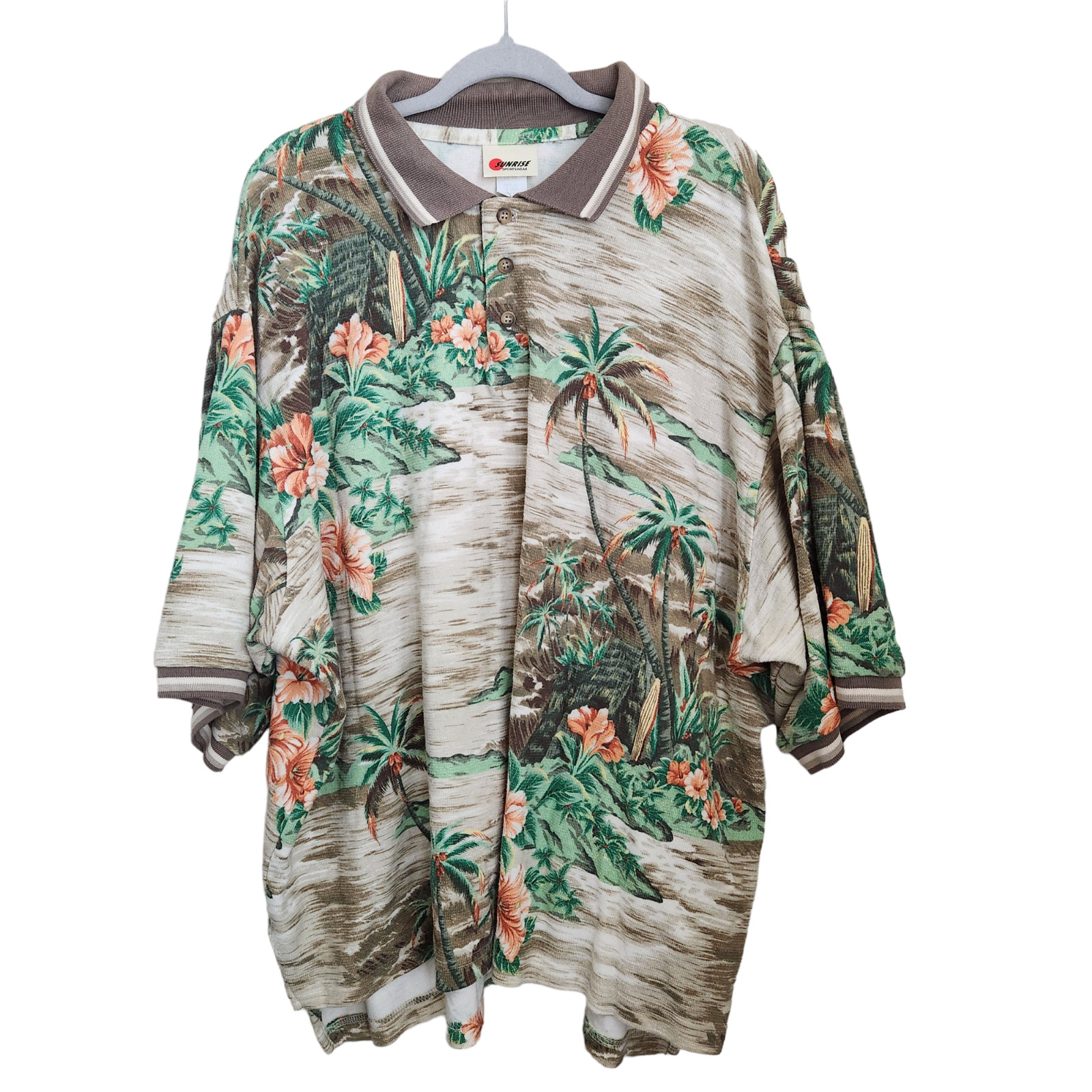 Vintage Hawaiian Surf Board Palm Tree Mens Button Polo Shirt 2XL XXL Made in USA