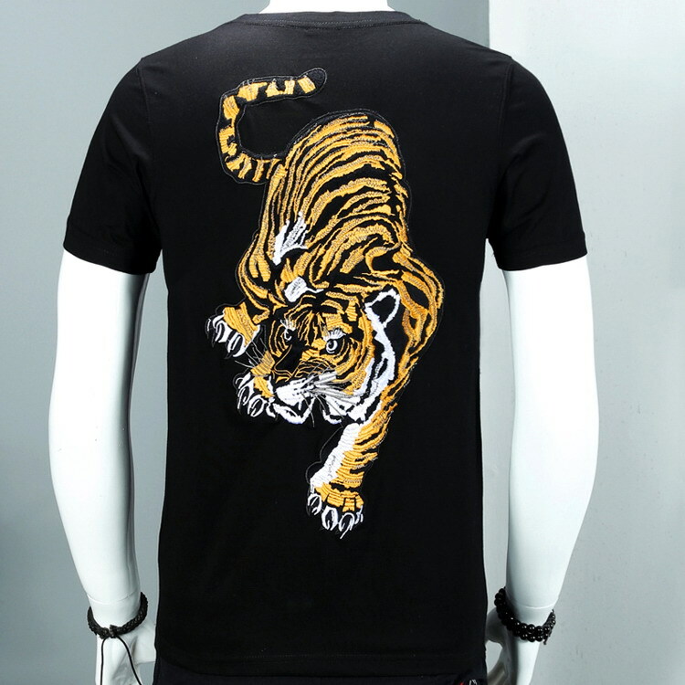 Mens T-Shirt Japanese Pattern Embroidery Tiger Totem Tattoo