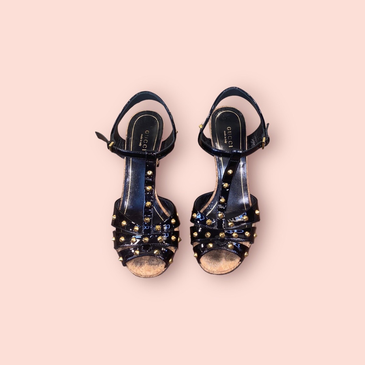 GUCCI Luxury Black Patent Leather Studded Strappy Block GUCCI Luxury Black Patent Leather Studded Strappy Block