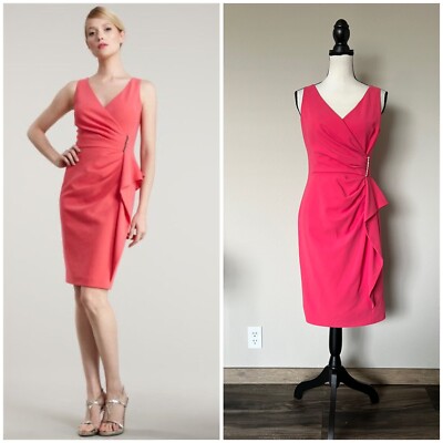 TERI JON BY RICKIE FREEMAN Sz 4 Ruched Pink Cocktail Dress Ruffle Rhinestone