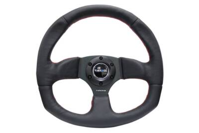NRG 320mm Flat Bottom Steering Wheel Black Leather w/ Red Stitch Black 3-Spokes