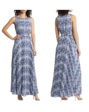 Eliza J Printed Chiffon Fully Lined Pleated Maxi Dress,New,sz 4, Blue