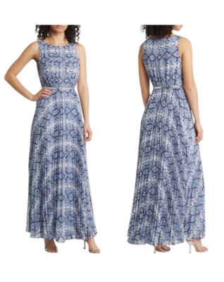 Eliza J Printed Chiffon Fully Lined Pleated Maxi Dress,New,sz 4, Blue | eBay
