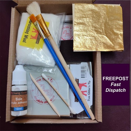 Gold Leaf Kit Size Adhesive For Silver  & Copper Leaf 100 x 70mm Sheets Brushes - Picture 1 of 5