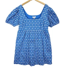 Rhode Embroidery Mini Puff Sleeve Dress XL Blue White Floral Cottagecore Pockets