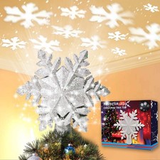Christmas Tree Topper Lighted with White Snowflake Projector, LED Rotating Sn...