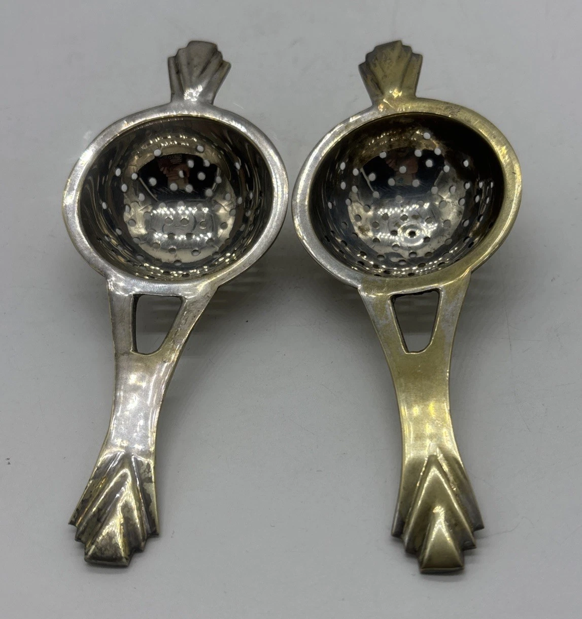 Lot Of 2 EPNS Loose Leaf Tea Pour Over Strainers Silver Gold Patina