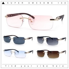 Rimless Luxury Narrow Rectangle Woodbuff Arm Fashion Sunglasses