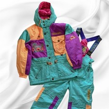 Set abbigliamento sci vintage anni 90 GOLDWIN ricamo tropicale blocco colore giacca pantaloni S