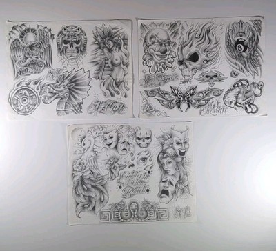 11x14 Tattoo Flash Prison Style 3 Sheets Beautiful Artwork Black & Grey