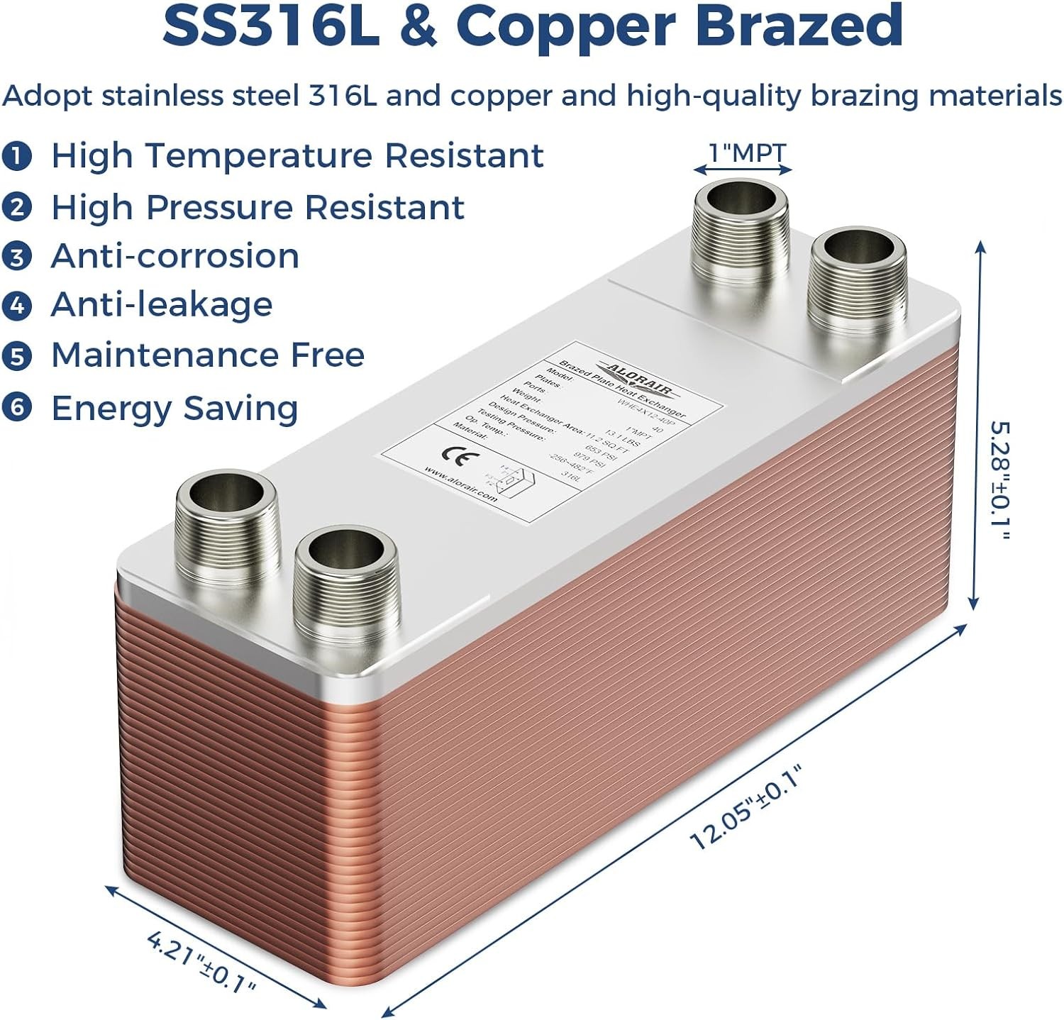 ALORAIR 40 Plate 4"x12" Brazed Plate Heat Exchanger, 1" MPT Ports, 316L St.Steel