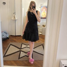 VINTAGE BEADED LITTLE BLACK DRESS FRILLY BOTTOM WOMENS 12