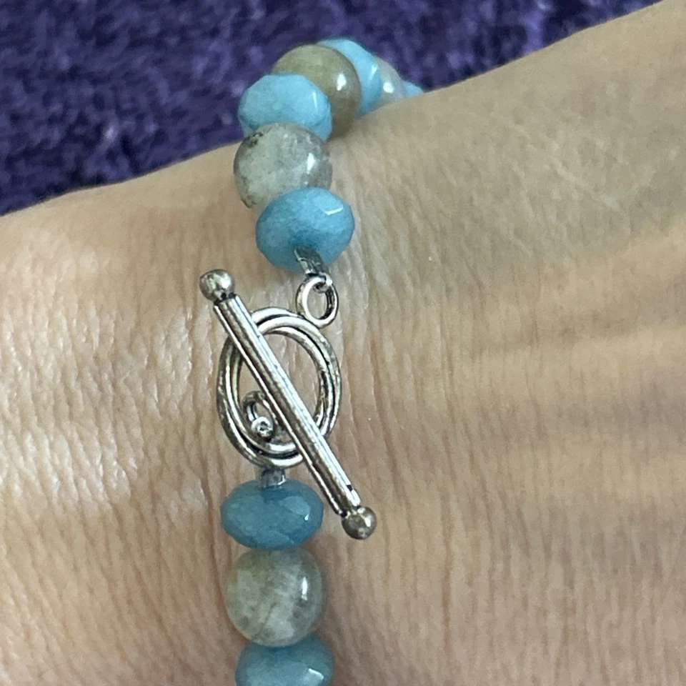 Artisan Silvertone labradorite blue jade beaded bracelet size 7-7.5 - Image 3 of 4