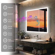 Bluetooth LED Medicine Cabinet for Bathroom Anti-fog 2 Mirrored Doors 32 x28