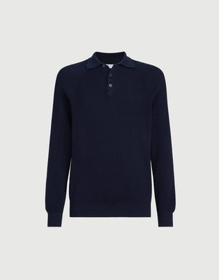 Brunello Cucinelli Rib Knit Polo Long Sleeve Navy Blue Mens Size