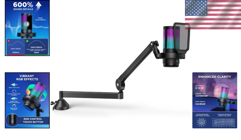 Professional USB Gaming Microphone Set with RGB Lights and Noise Cancellation - Image 2 of 4