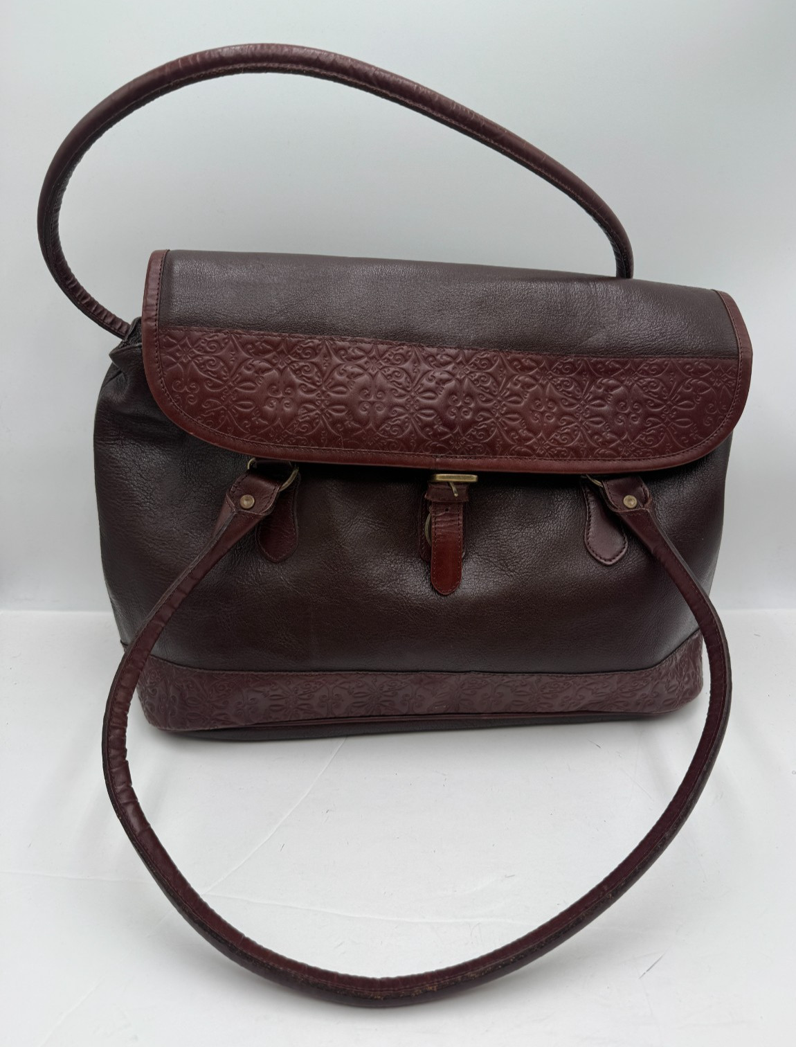 Past Times Women's Handbag Dark Brown Pebbled Leather Embossed Shoulder Bag