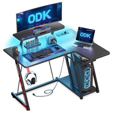Corner Gaming Desk with LED Lights and Power Outlets, 100x70 cm Workstations...