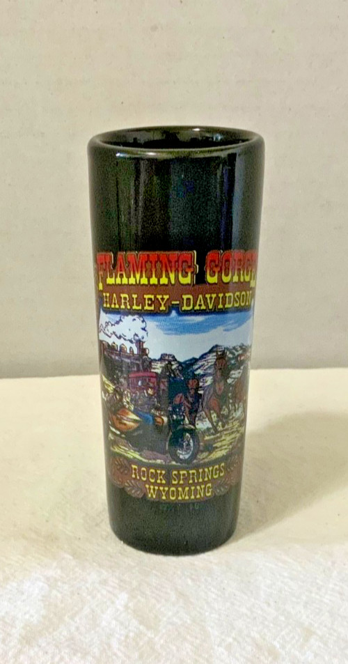 Flaming Gorge Harley Davidson Shot Glass Rock Springs Wyoming Never Used