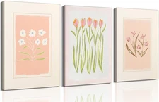 3Pcs Pink Tulip Flower Canvas Wall Art Preppy Flowers Market Painting Picture...