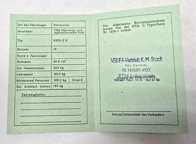 Simson Registrierschein Papiere DDR KR51/2 N Blanko Typ 1516-1 wahlw. m Stempel