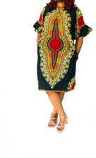 Women African Dashiki Print Flare Dress with Pleated Sleeve Cuffs