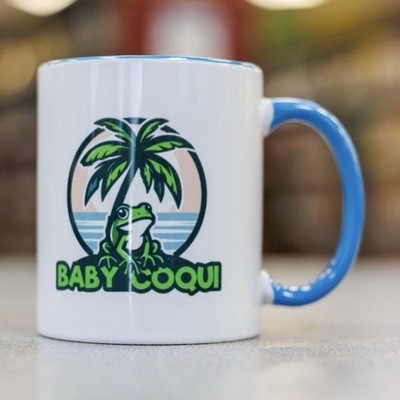 Baby Coqui Ceramic Coffee Mug Blue Handle Novelty Frog Tree Beach Theme