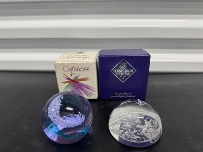 Lot 2 Edinburgh Crystal Paperweights Castle Etched Satin Box Caithness 1991