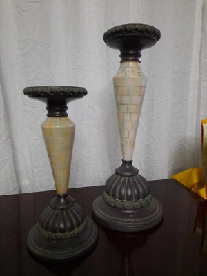 Vintage Set - Pair of Mother of Pearl Inlay Pillar Candle Holders. Mastercraft.