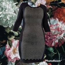 Apt. 9 Metallic Chevron Sweater Dress Black Gold Small 3/4 sleeve