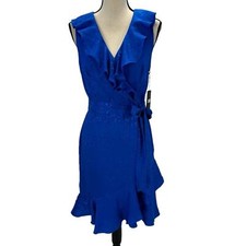DKNY Ruffle V-Neck Tie Waist Faux Wrap Midi Dress - Blue - size 6