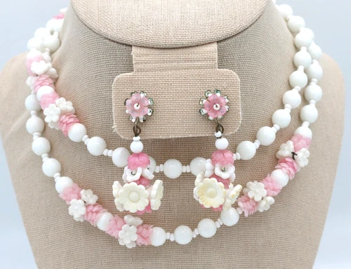 VTG MIRIAM HASKELL Pink Beaded Flower Cluster Tassel Necklace Earrings Set 30''