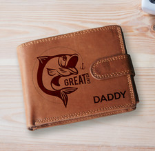 Personalised Engraved Fly Fishing Tan Leather Wallet RFID Fisherman Mens Gift