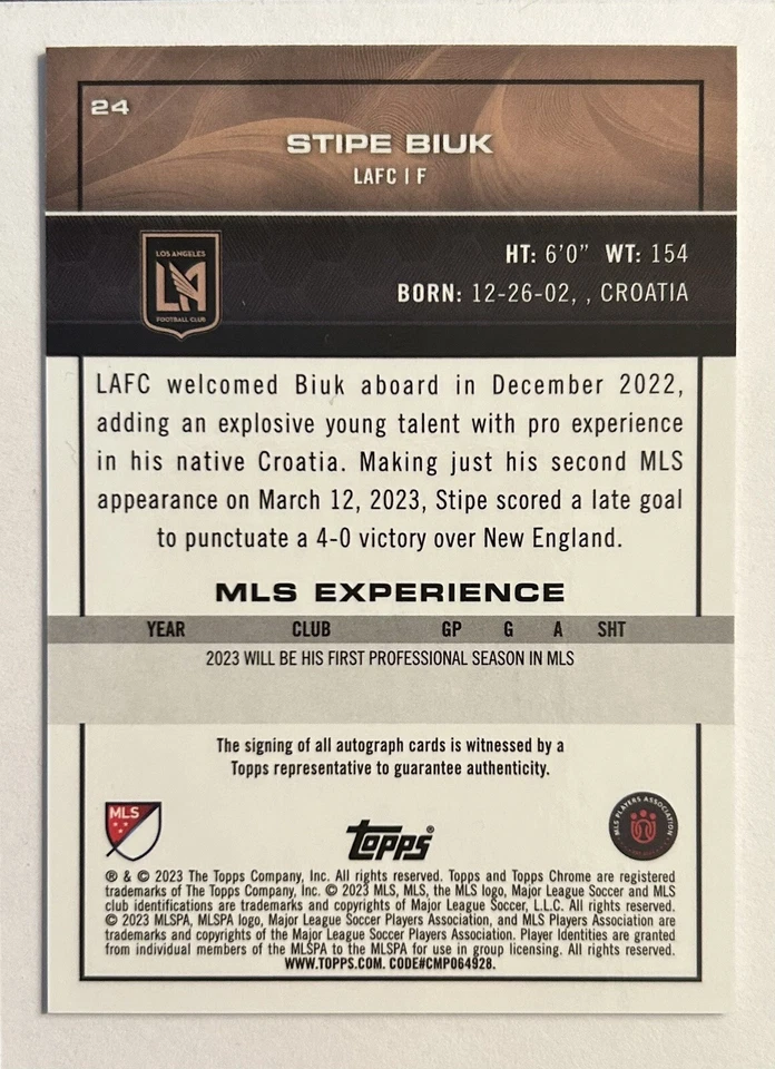 2023 Topps Chrome MLS  Stipe Biuk Green Refractor /99 ROOKIE AUTO✍️ - Image 2 of 2
