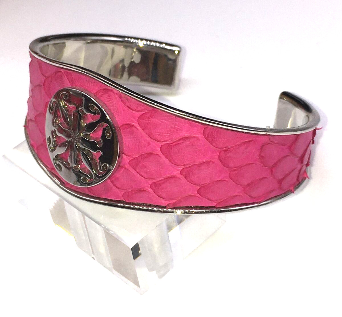 Rustic Cuff Silver Tone Monique Python Fuchsia Ho… - image 3