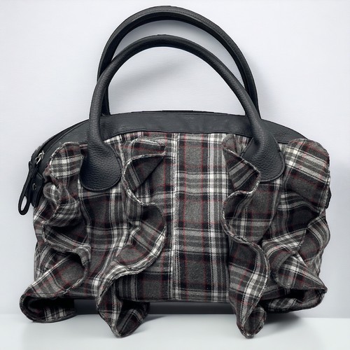 Babydoll Y2K kariert Rüschen Handtasche grau schwarz Fleece dunkel Academia Grunge Goth Vintage