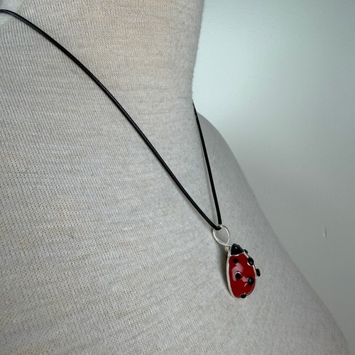 Enamel Red w/ Black Ladybug Pendant Necklace on New Black Leather Cord 22" - Picture 7 of 8