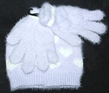 Girls Purple w/ White Hearts Fluffy Hat & Gloves 2 Piece Set