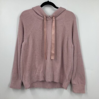Olivia Sky Women's Fuzzy Eyelash Knit Satin Drawstring Pullover Hoodie SZ M NWT
