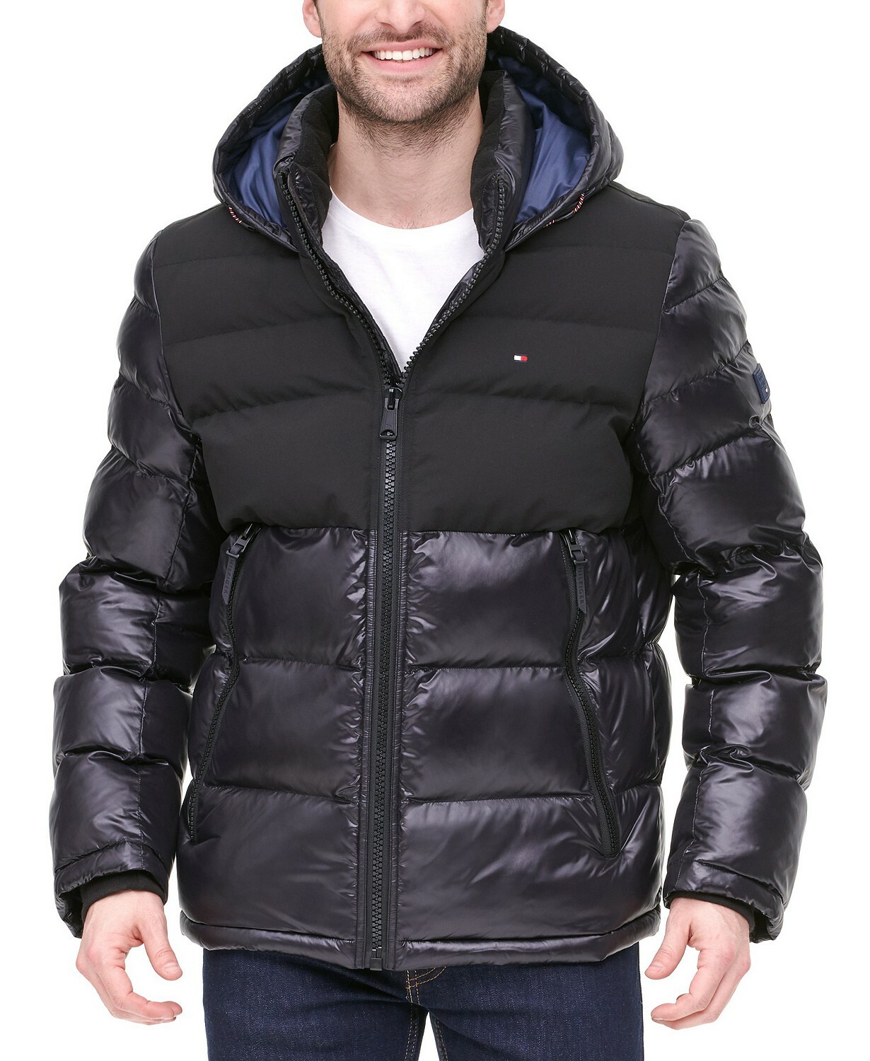 Fancy kjole Lamme rulle Tommy Hilfiger Men&#039;s Black Two-Tone Matte &amp; Shiny Puffer Hooded  Jacket $250 | eBay