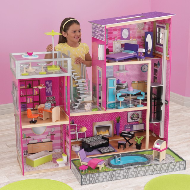 kidkraft uptown wooden dollhouse with 35 pieces of furniture