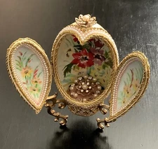 Hand Decorated Real Goose Egg Painted Jeweled Gift Box - Handmade 1974 Signed