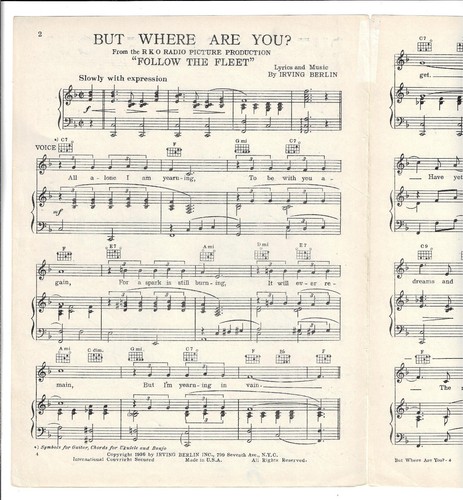 FRED ASTAIRE & GINGER ROGERS Sheet Music BUT WHERE ARE YOU from FOLLOW THE FLEET - Picture 2 of 3