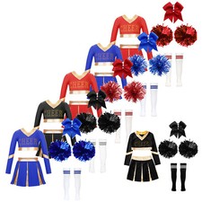 Kids Girls Cheerleading Outfits Dance Dress Competition Uniform Headwear Set