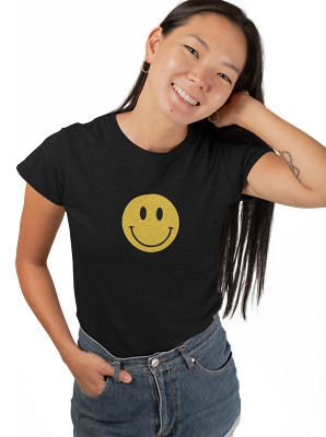 black Tee Shirt women's  Smile emoji funny positive graphic