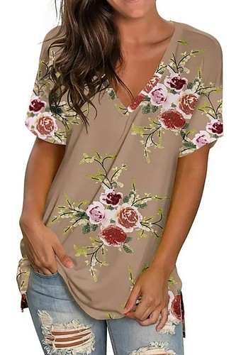 V Neck T Shirts for Women Floral Summer Tops Short Sleeve Shirts Casual Tunic To