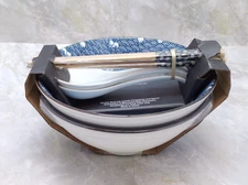 Signature Blue Waves Ceramic Ramen Noodle Bowl Chopstick And Spoon Set of 2
