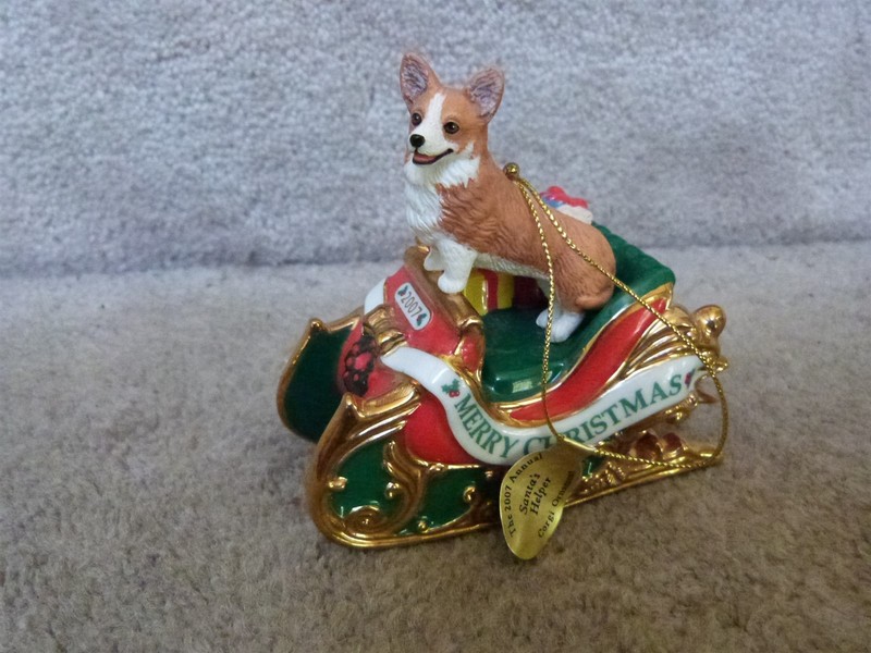 VTG 2007 Danbury Mint Corgi Dog on Sleigh SANTA'S HELPER Christmas Ornament 4"